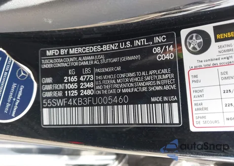 2015 Mercedes-Benz C-Class C 300 из США, поврежденный, VIN 55SWF4KB3FU005460